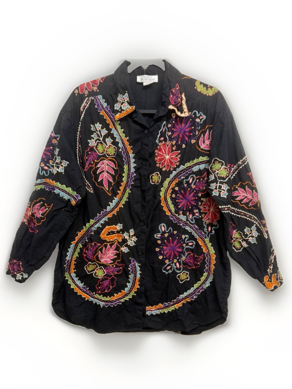 Embroidered Paisley Button-Front Jean Jacket - Black